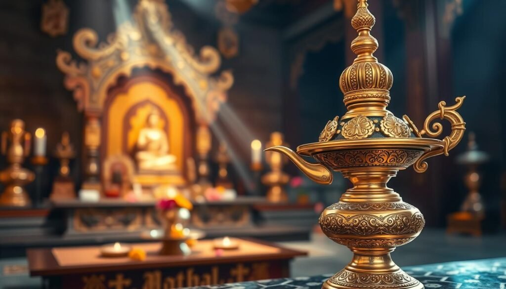 โคมไฟถวายวัด แสดงลวดลายทองเหลือง