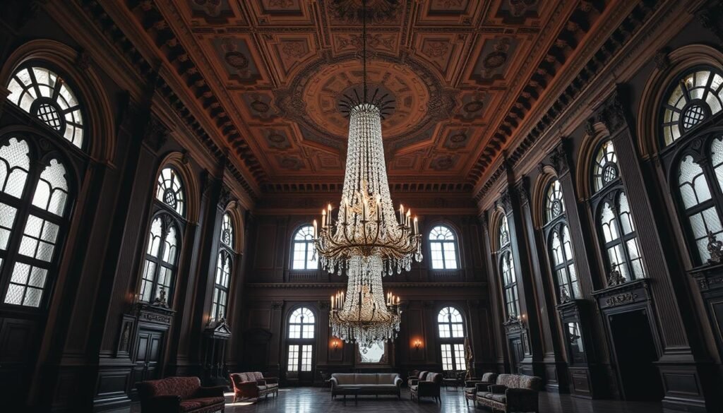 วิเคราะห์ห้องโถงเพดานสูงสำหรับโคมไฟโบราณ