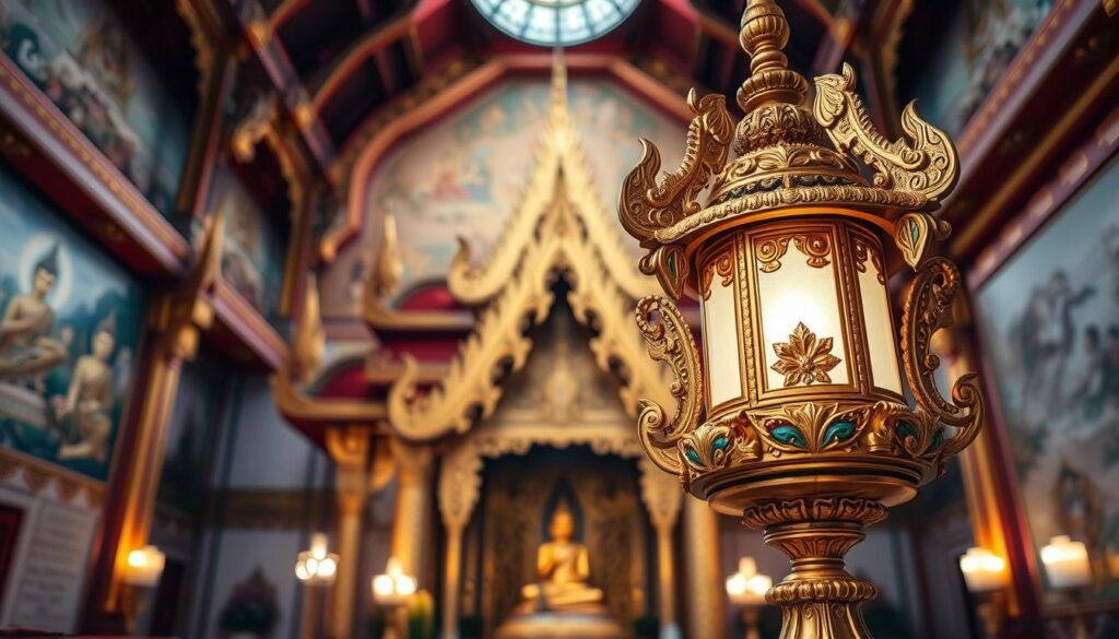 โคมไฟวัดศิลปะไทยในพระอุโบสถ