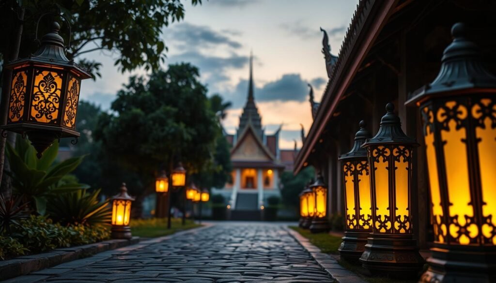 โคมไฟวัดหลวงให้แสงสว่างทางเดิน