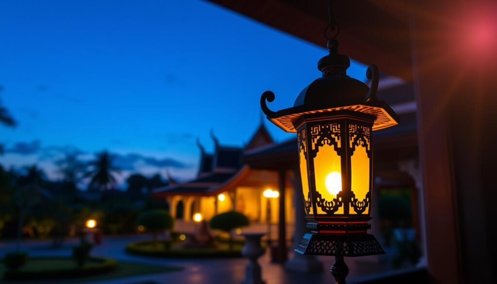 โคมไฟวัดในบริเวณศาลาการเปรียญ สื่อถึงความสมดุลของแสงตามหลักฮวงจุ้ย